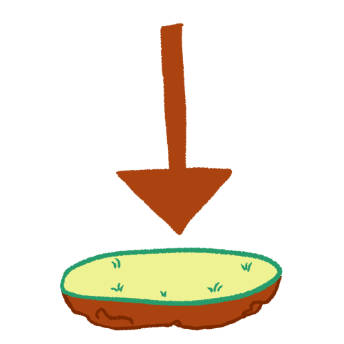 a brown arrow pointing downwards onto a floating, grassy patch of land